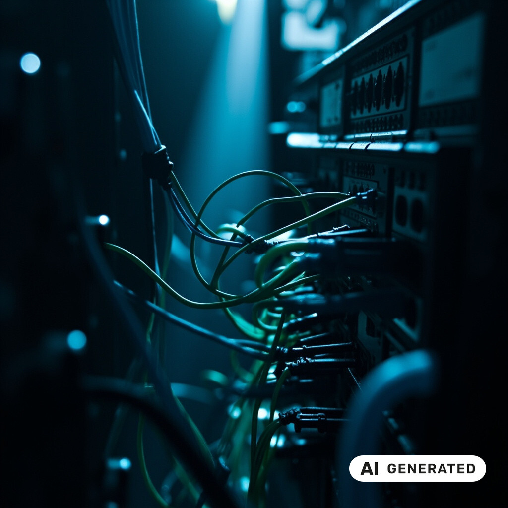 Nahaufnahme von Netzwerk-Switches und Patchkabeln in einem schwach beleuchteten Serverraum
