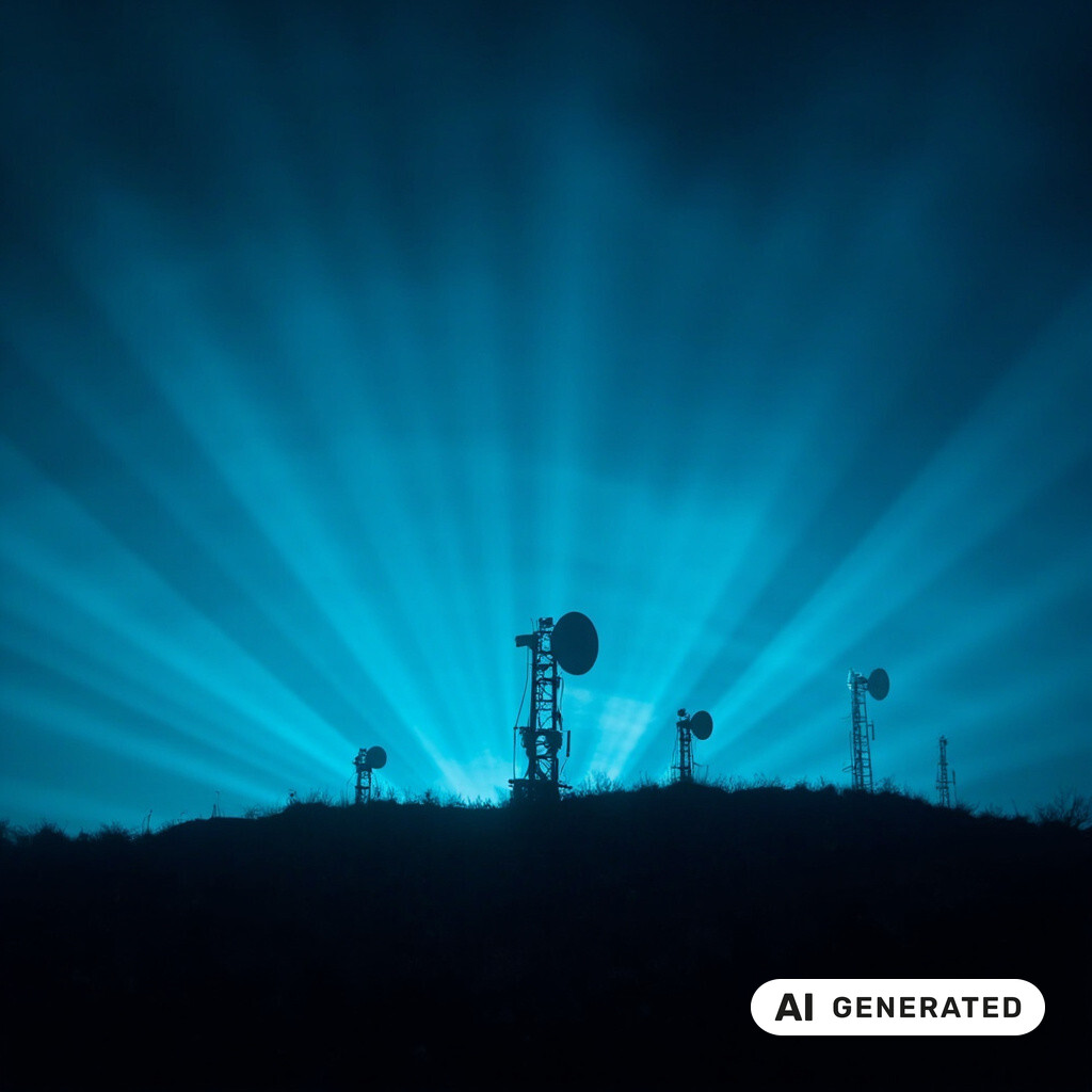 Satellitenschuessel und Antennenanlage als Silhouette vor tiefblauem Abendhimmel