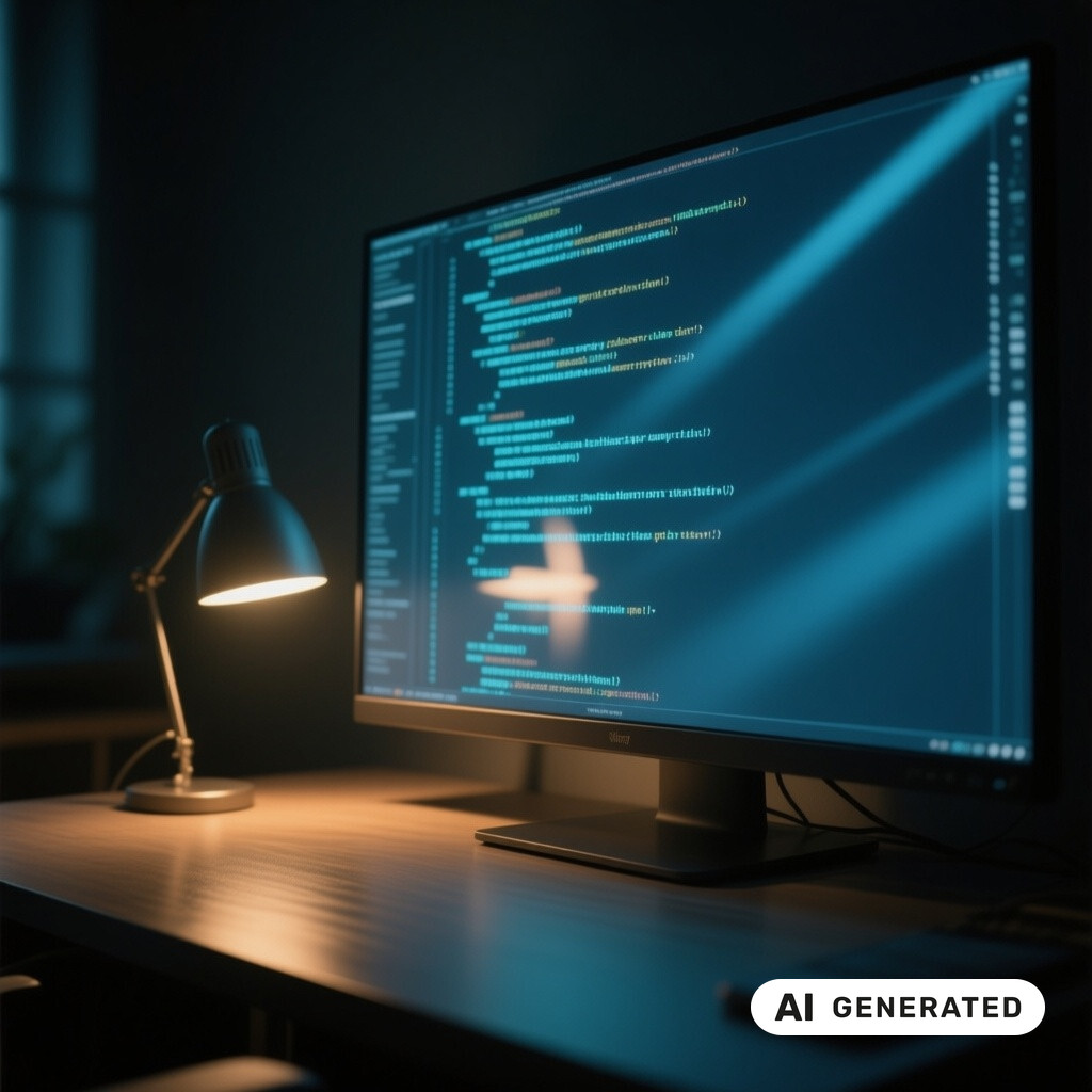 Quellcode auf einem grossen Monitor in einem abgedunkelten Raum, warmes Licht einer Schreibtischlampe