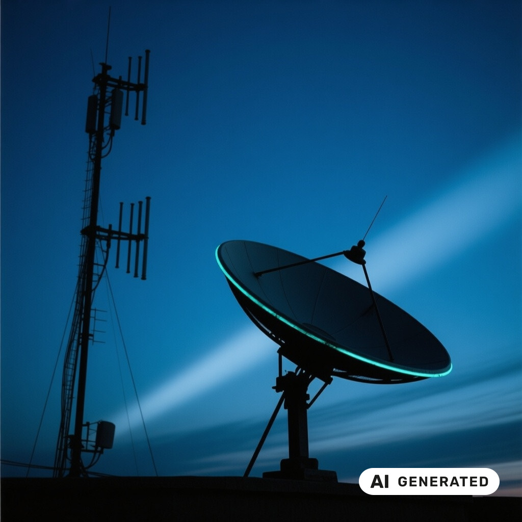 Satellitenschuessel und Antennenanlage als Silhouette vor tiefblauem Abendhimmel