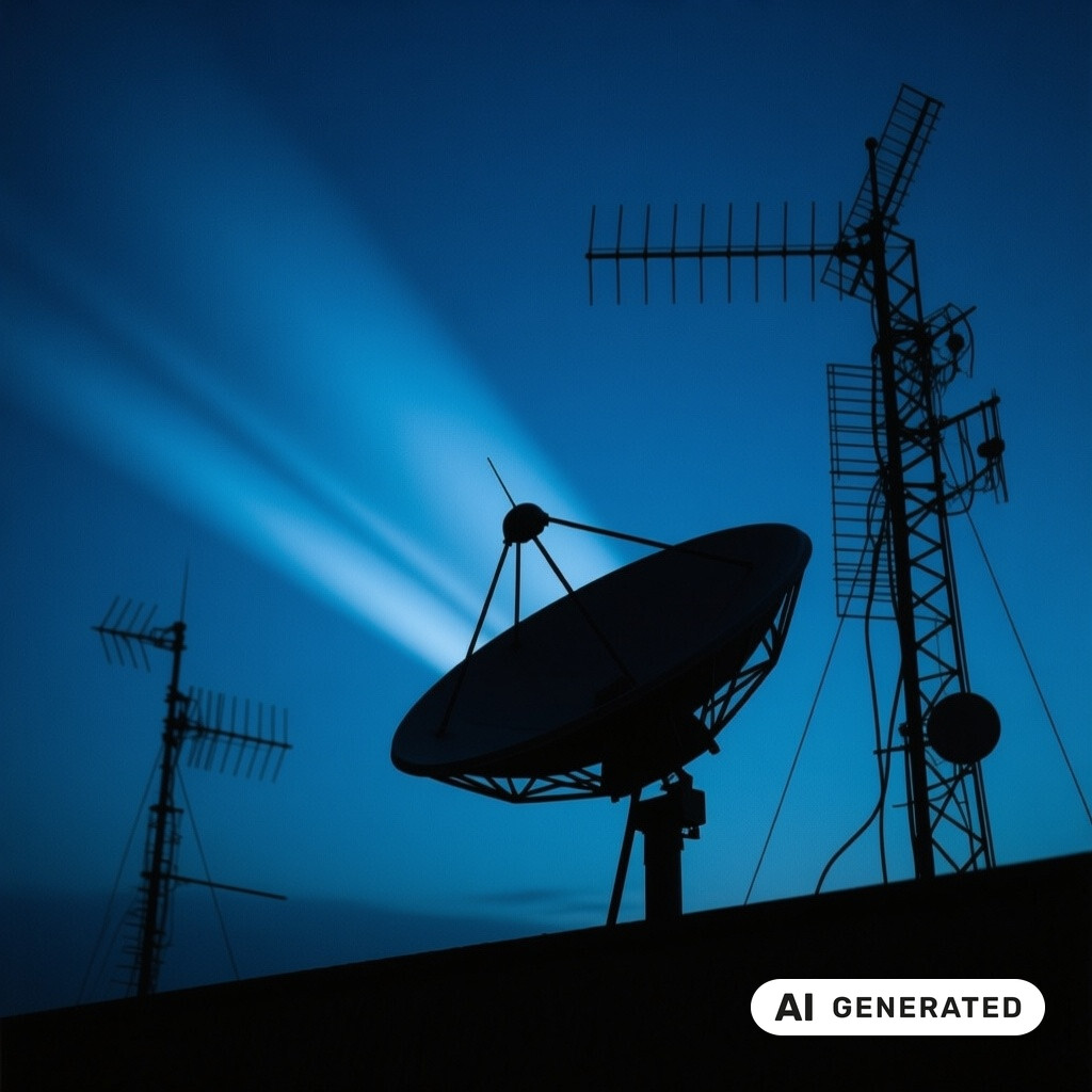 Satellitenschuessel und Antennenanlage als Silhouette vor tiefblauem Abendhimmel
