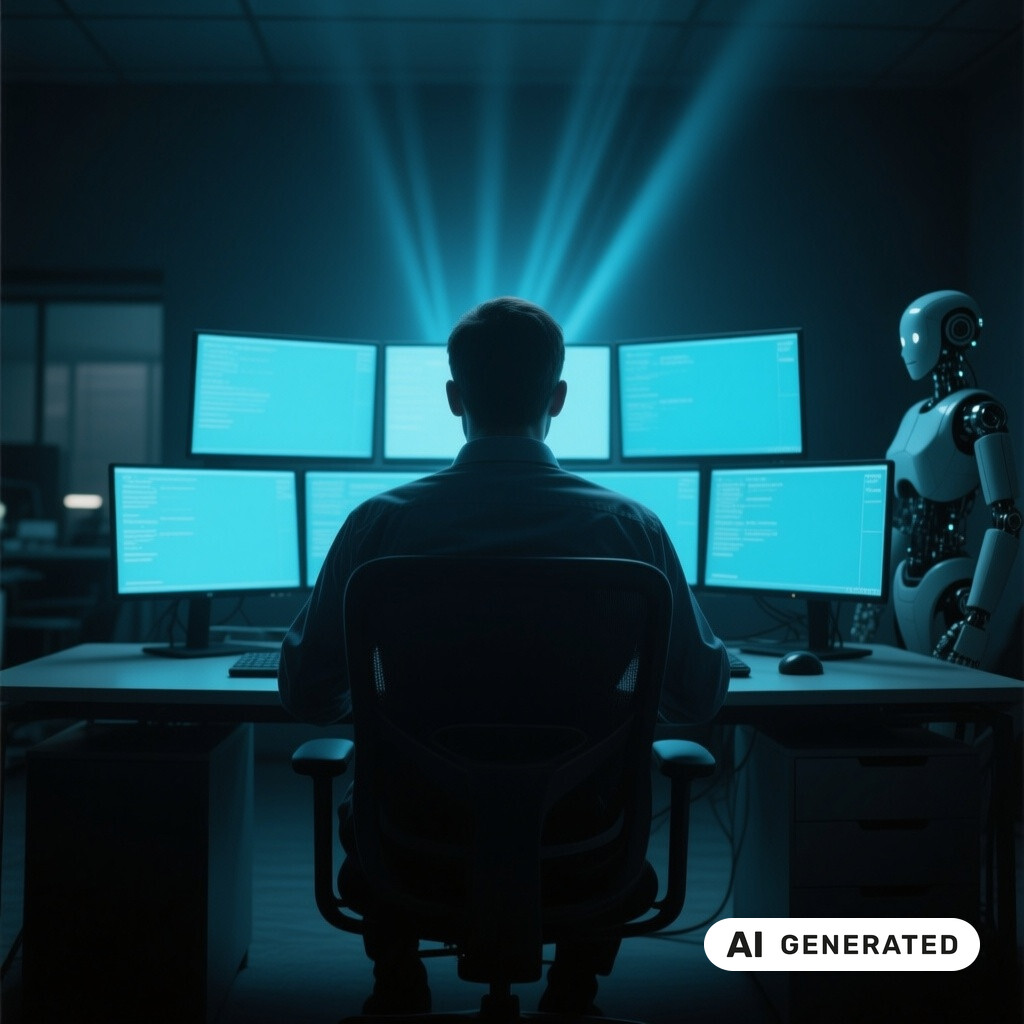 Ein Entwickler von hinten an einem Arbeitsplatz mit mehreren Monitoren in einem dunklen Raum