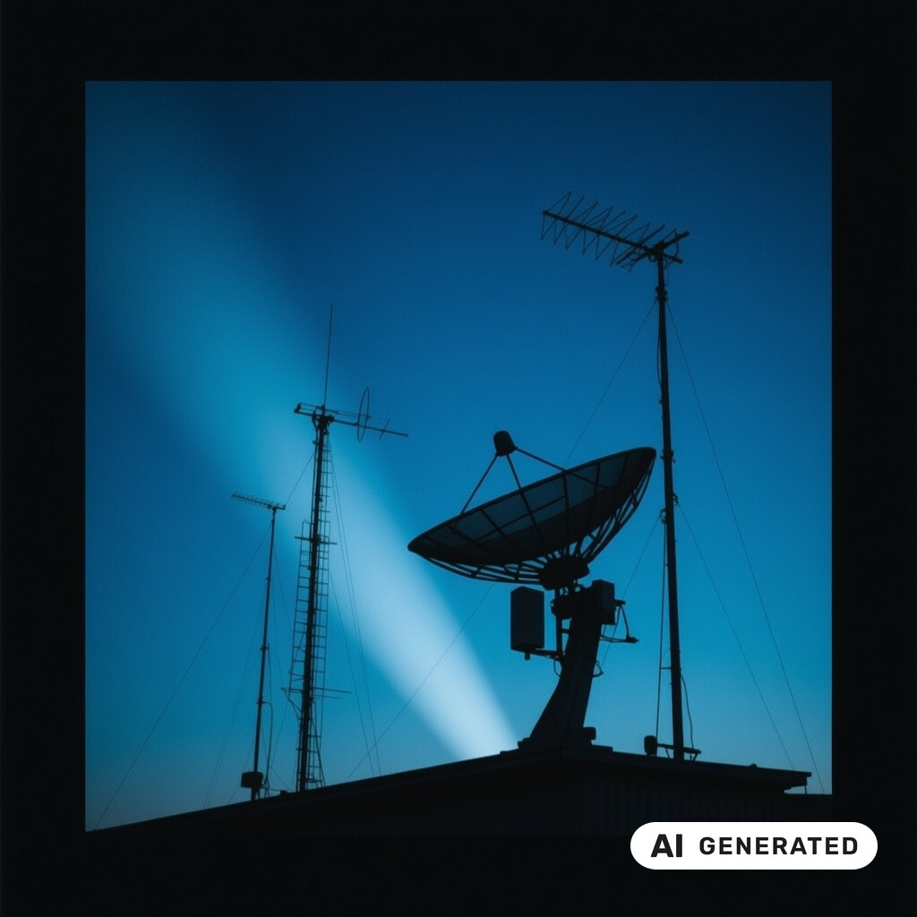 Satellitenschuessel und Antennenanlage als Silhouette vor tiefblauem Abendhimmel