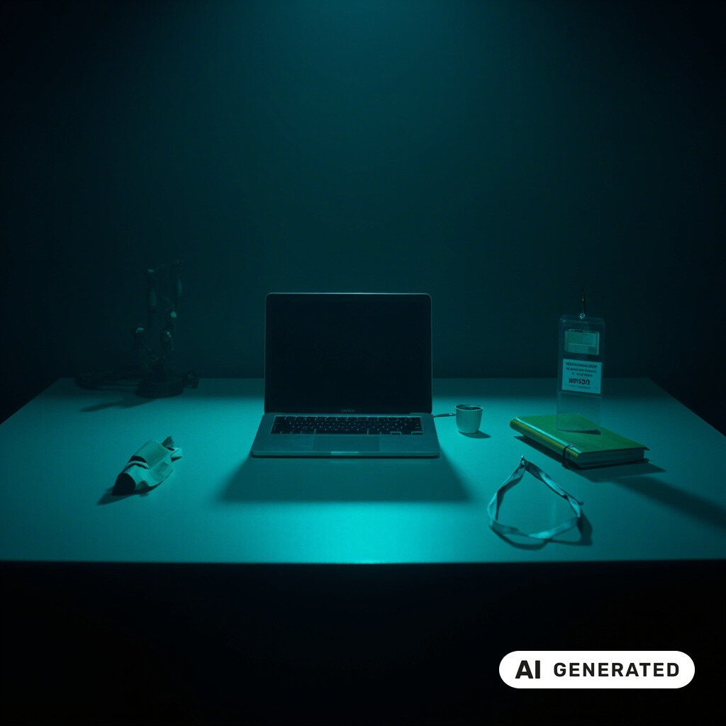 Leerer Büroschreibtisch bei Nacht mit Laptop, Notizbuch und einem Besucherausweis